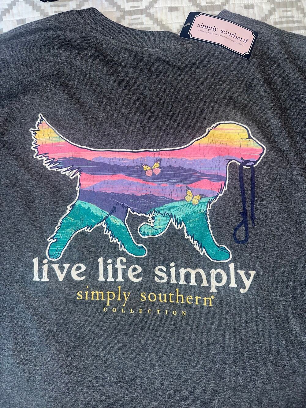 NWT Simply Southern Live Life Simply Dog Butterfly Long Sleeve Tee Gray L